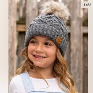 Panache Kids grey cable knit hat with faux fur pom accent